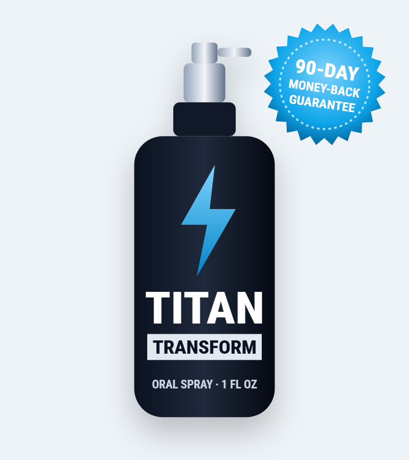 Titan Transform male vitality oral spray bottle with 90-day money-back guarantee